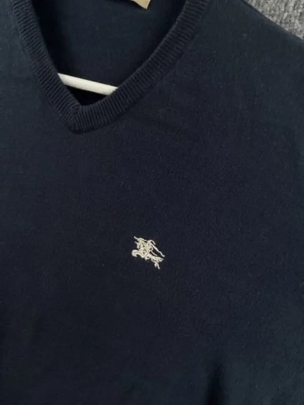Burberry Italy Cotton Pullover Logo V-Neck Mens Blue Medium Elbow Patches Knit
